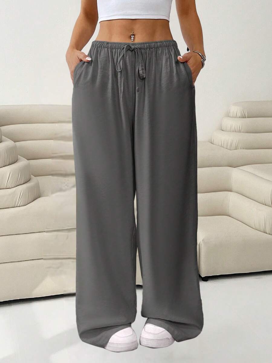 SHEIN EZwear Quần ống rộng cạp rút màu trơn cỡ lớn thường ngày, xuân/hè - Màu xám đen - Xem 1