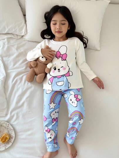 SHEIN Young Girls' Cute Rabbit Pattern Casual Slim Fit Round Neck Long Sleeve Pants Pajamas, Suitable For Autumn/Winter