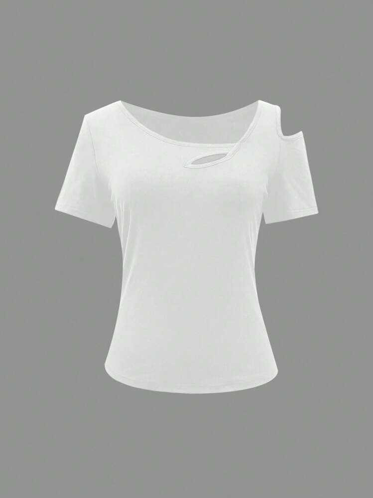 T-shirt court à manches courtes unicolore pour femmes, pour l'été - Blanc - Voir 3