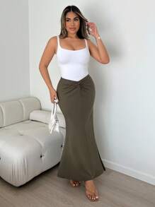 Xyvia Women's Versatile Solid Color Twist Waist Elastic Knit Mid-Length Pencil Skirt, Flattering Fit For Commuting All Year Round Fall Cloth For Women - Green - View 4