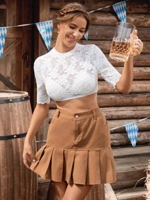 SHEIN Frenchy 女士百搭性感蕾丝啤酒节短上衣（女士）女士蕾丝边短袖上衣、女士纯色简约日常镂空蕾丝边短袖衬衫、啤酒节连衣裙、啤酒节服装、白色上衣、啤酒节、蕾丝短款上衣白色短款上衣女装夏季短款上衣女装