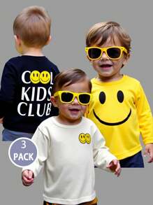 SHEIN Baby Jungen Langarm Oberteile mit Gesichtsprint, Mehrfarbig Schwarz Weiß Gelb, modisch lässig, Mehrfachpack - Verschiedenfarbig - Übersicht 1