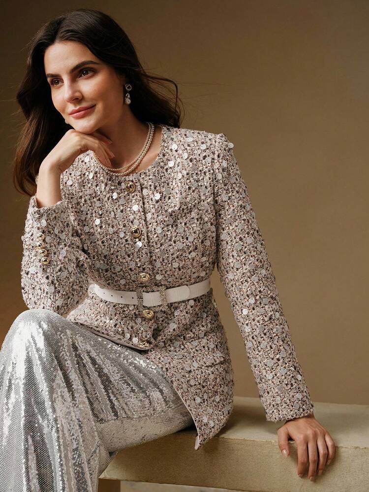 Women's Sequin Embellished Round Neck Long Sleeve Elegant Short Wool Blend Jacket