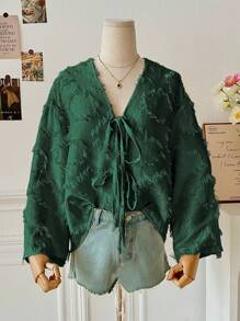 INAWLY 3D 面料蝴蝶结女式衬衫 - 軍綠色 - 查看 4