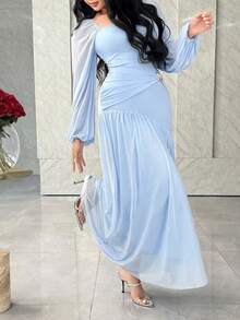 Feyla Đầm dài tay cổ vuông thắt eo thanh lịch dành cho nữ - Màu xanh lam - Xem 6