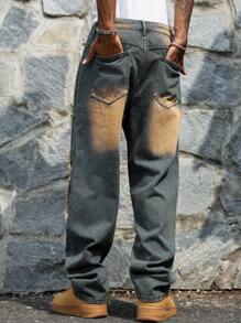 Manfinity EMRG Men's Avant-Garde Hip Hop Streetwear Button Destroyed Wide-Leg Jeans Hang Out Street College - Blue - View 2