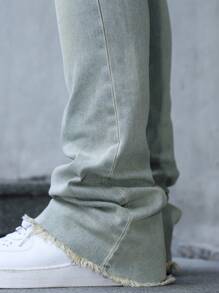 Manfinity LEGND 男士轻度洗水牛仔紧身喇叭牛仔裤，做旧细节设计，加长款，男士做旧牛仔裤 - 淺色水洗藍 - 查看 3