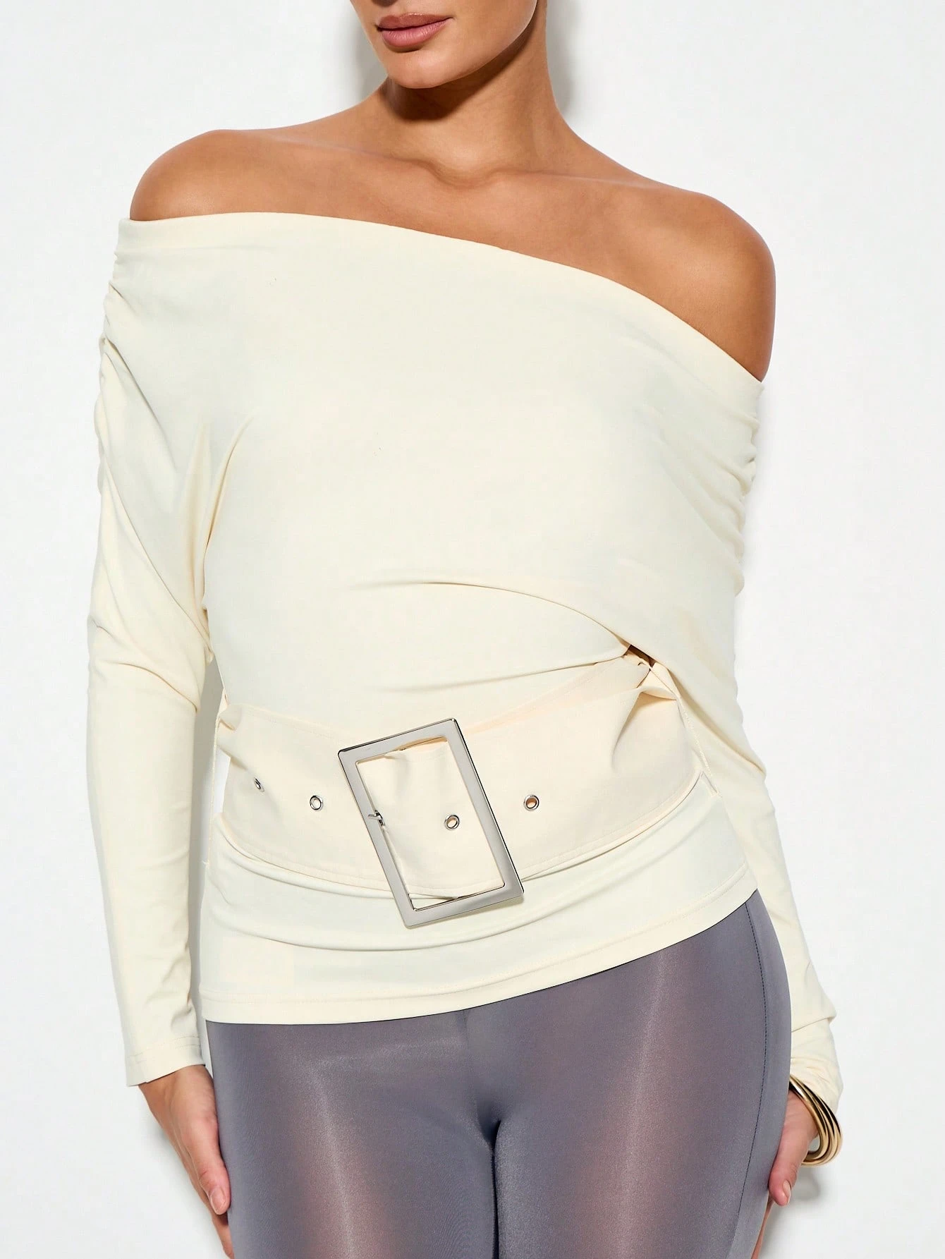 KIZN Off Shoulder Ruched Blouse With Wide Belt