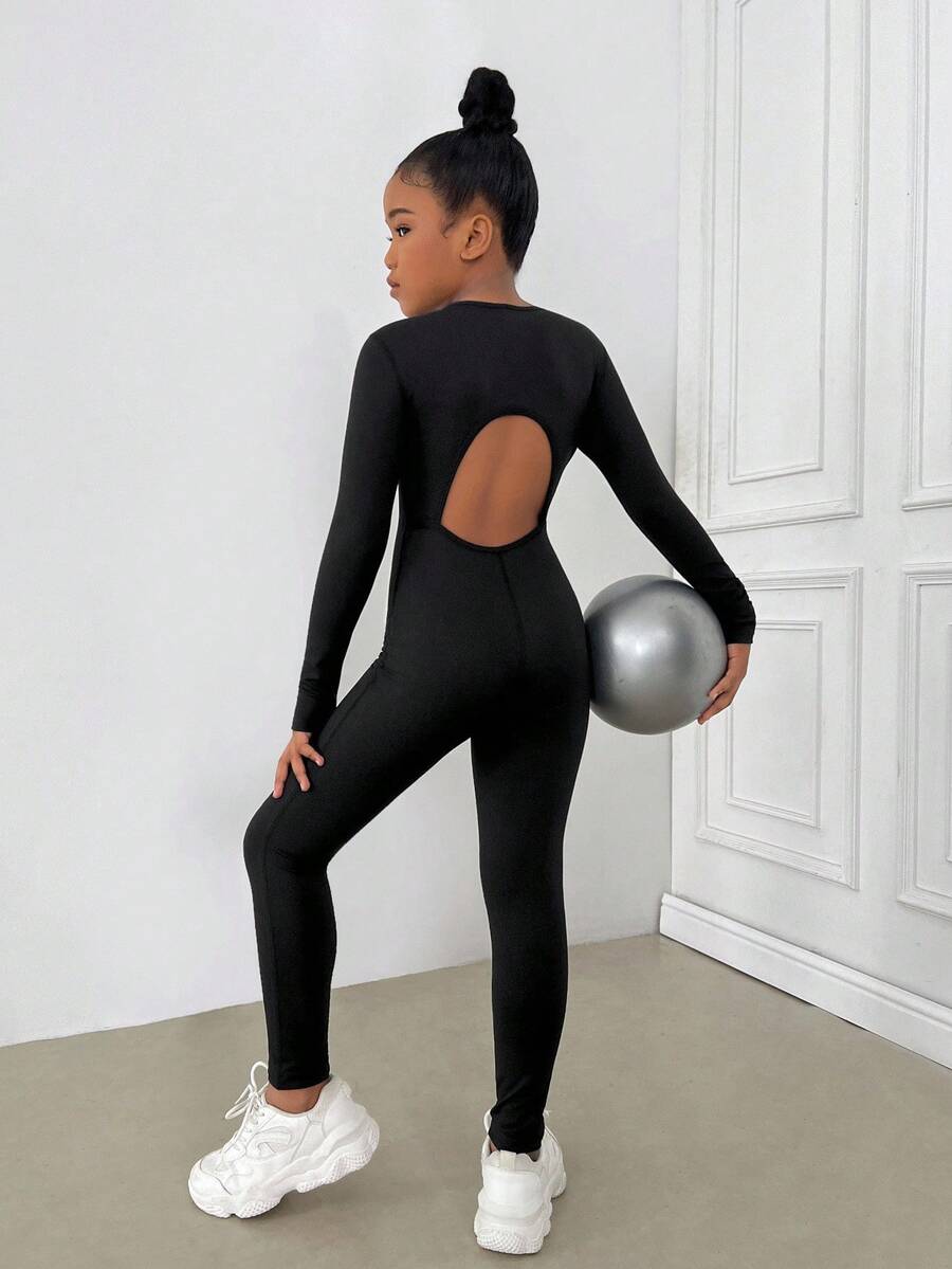 SHEIN Tween 女童休闲经典圆领露背前拉链长袖连体衣运动服，青少年女孩运动装，适合日常、户外、休闲运动 - 黑色 - 查看 1