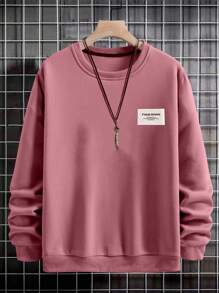 RueChic Men's Letter Printed Drop Shoulder Fleece Hoodie - Pink - View 3