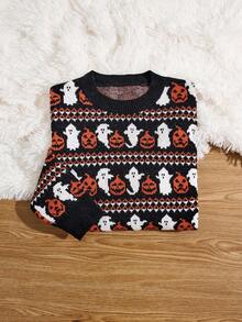 SHEIN Unity Women's Black Halloween Pumpkin & Ghost Long-Sleeve Sweater. Cute And Comfy. Fits For Fall/Winter. - Multicolor - View 4