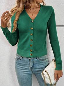 SHEIN Frenchy 女式纯色长袖单排扣休闲针织开衫 - 墨綠色 - 查看 3