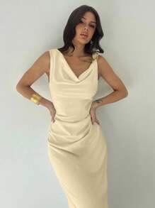 Firerie Damen weißes asymmetrisches Hals-Drapierung Rüschen Taille Midi-Kleid, sexy & elegantes Pendlerkleid, Urlaubskleid, Mode & modern, Frühling/Sommer Bekleidung, Pendeln, Elegant, Sexy, Urlaub, Strand, Hawaii, Hochzeitssaison, Abschlussfeier, Abiball