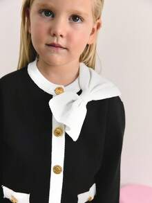 Maija Kids Maija Kids 2件套少女蝴蝶结装饰撞色开衫和裤子套装 - 黑與白 - 查看 4