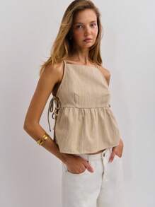 Nöista 宽松米色方领上衣，配有侧系带 - 非常适合秋季女装、女士街头服饰或女士休闲乡村装和返校风格。 - 卡其色 - 查看 4