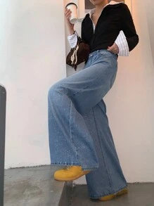 DAZY 女式韩版亮片装饰宽松牛仔裤 - 藍色 - 查看 8