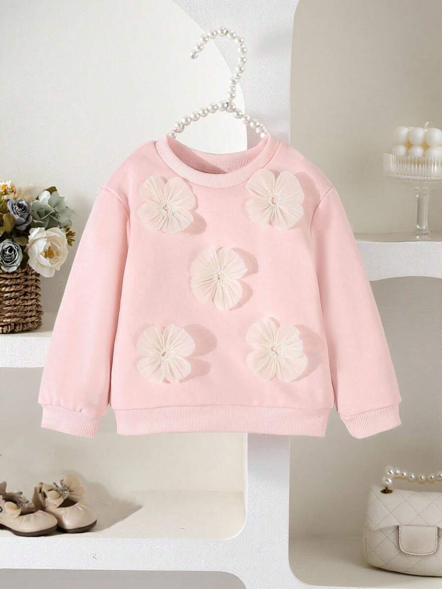 SHEIN 女婴舒适 3D 花卉图案运动衫，百搭休闲甜美时尚长袖上衣 - 白色 - 查看 1