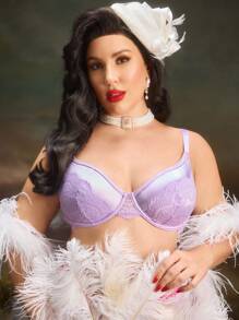 PinupPomp 大码女士撞色蕾丝时尚文胸和无钢圈文胸可爱娃娃衫 - 紫色 - 查看 4