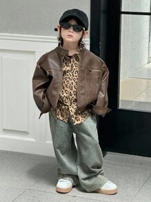 Dazy Kids 秋季幼儿男童休闲宽松豹纹领衬衫 - 卡其色 - 查看 5