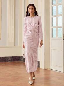 ZEYLAH 亮片水钻细节交叉裹腰美人鱼下摆连衣裙 - 粉色 - 查看 6