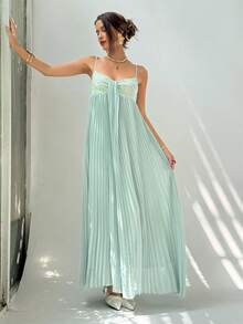 Aloruh 全新鸡尾酒会轻盈连衣裙，细肩带超长亮片拼接雪纺褶皱 A 字形无袖修身浅蓝色连衣裙 - 淺藍色 - 查看 8