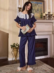 Côtesoire 撞色蕾丝宫廷风女士睡衣套装 - 寶藍色 - 查看 6