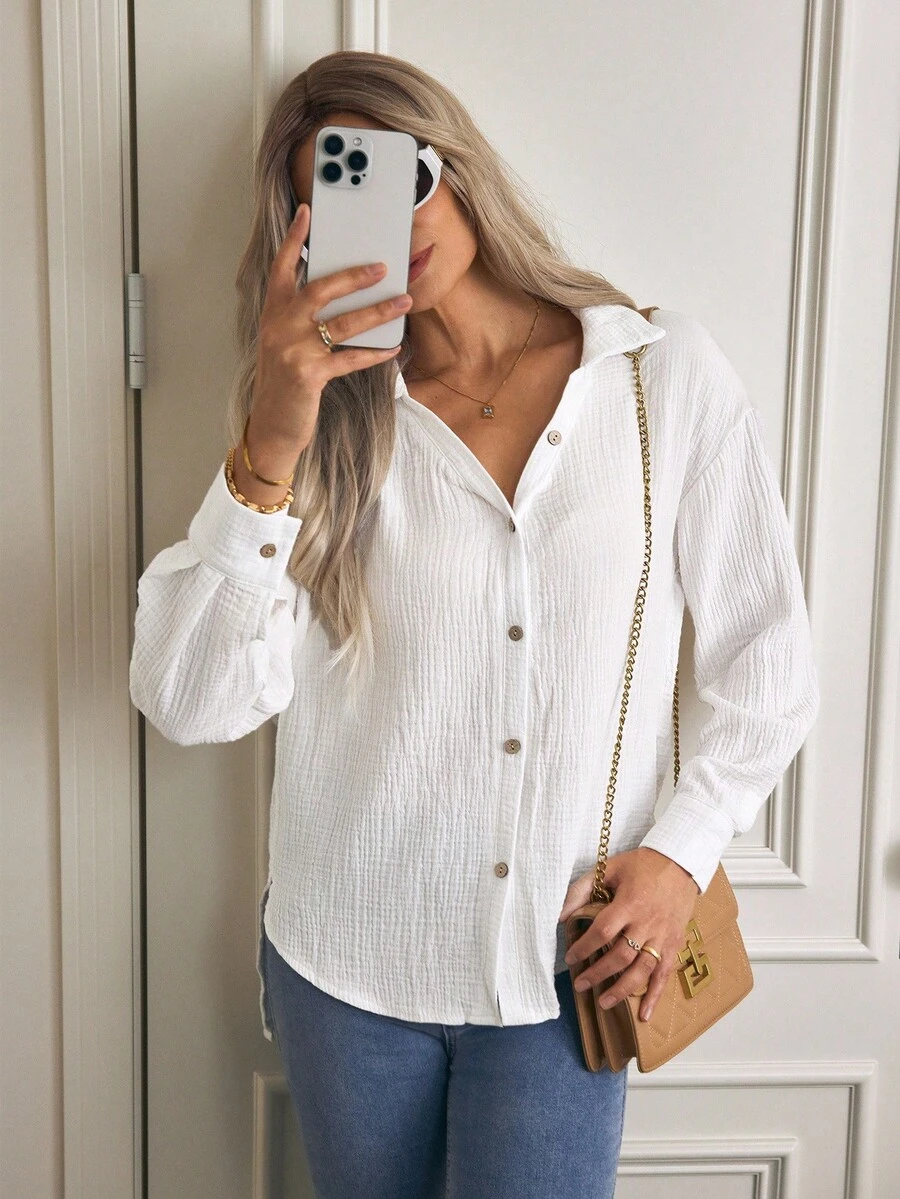 Louniche Solid Drop Shoulder Button Front Shirt,Long Sleeve Tops