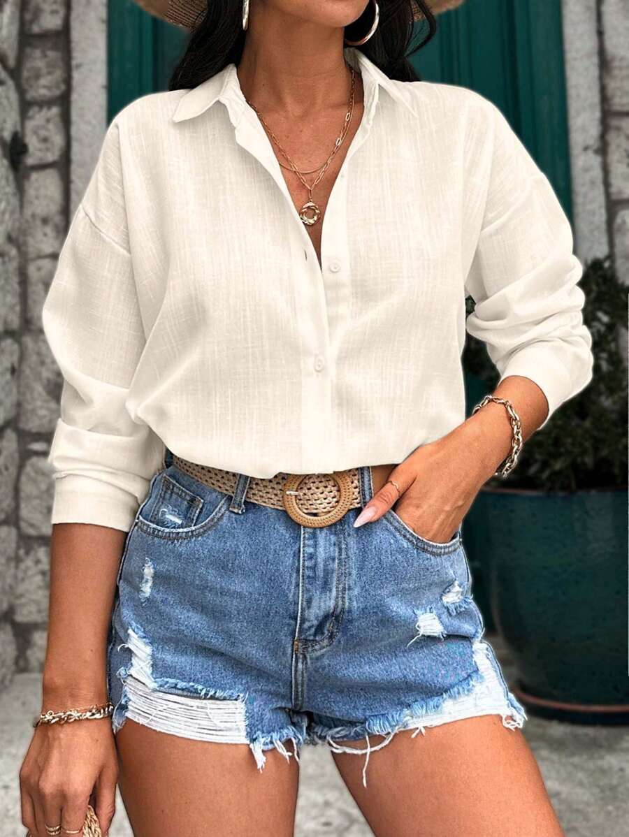 EURMUSE Blouse With Curved Hem, Drop Shoulder, Buttoned Shirt, Linen Fabric - Krim - View 1
