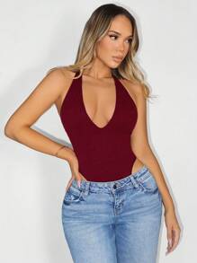 Sirith One-Piece Suit Seamless Knit Deep V-Neck Backless Halter Bodysuit - Burgundy - View 6