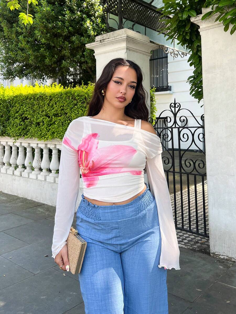 NegzBox Fitted Mesh Floral Print Cream T-Shirt For Women, Suitable For Date, Party, Casual And Work - Apricot - View 1