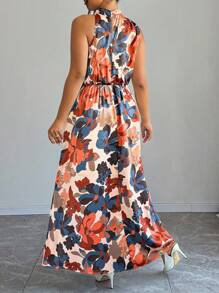 Elenzga Women's Floral Allover Print Sleeveless Stand Collar Casual Long Dress Easter Wear - Multicolor - View 2