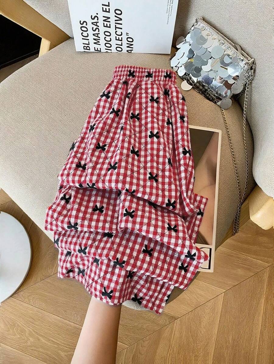 SHEIN Clasi 25 件新款复古法式格纹松紧腰直筒裤，百搭 - 紅白色 - 查看 1