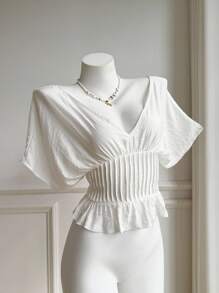 SHEIN EZwear 女式纯色深V领短款蝙蝠袖性感短款衬衫 - 白色 - 查看 5