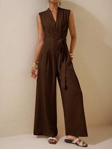 Zivah 2025 Spring/Summer New Apricot Sleeveless Asymmetric Ruched Waist Belt Tie Textured Linen Jumpsuit-B - Brown - View 7
