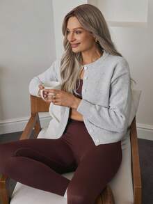 EMERY ROSE 落肩纽扣前开衫，长袖上衣 - 灰色 - 查看 7