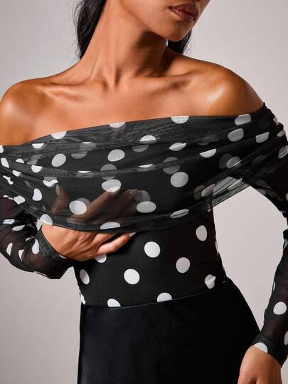 COSMINA Women's Elegant Polka Dot Off Shoulder Bodysuit Polka Dot Top