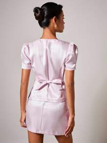 COSMINA Women's Elegant Fashion Button Puff Sleeve Top & Skirt 2 Pieces Set - Pink - View 2