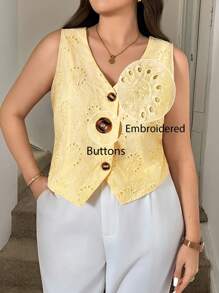 SHEIN LUNE 加大码奶油黄春季刺绣浪漫约会女士衬衫配背心，奶油黄上衣，返校，乡村女性，老钱风格女性，女性办公室，女性外出上衣，旅行机场，假日优雅，优雅时尚通勤，收腰修身上衣，纯色无袖上衣，日常穿着，通勤简约办公室老钱衬衫，日常穿着 - 黃色 - 查看 7