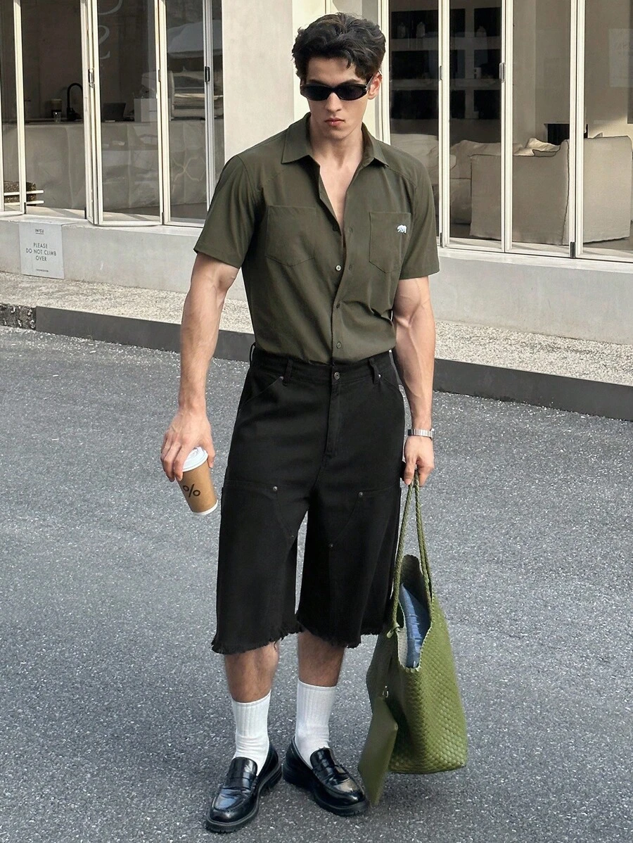 ESTAVOR Men's Fashionable Woven Black Denim Shorts - Black - View 1