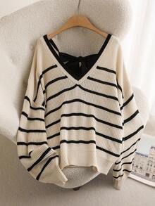 CosyJoli 大码女式 V 领长袖条纹，日常穿着蝴蝶结背部设计，休闲时尚条纹针织上衣系带毛衣秋冬 V 领针织上衣套头毛衣女式条纹毛衣秋季