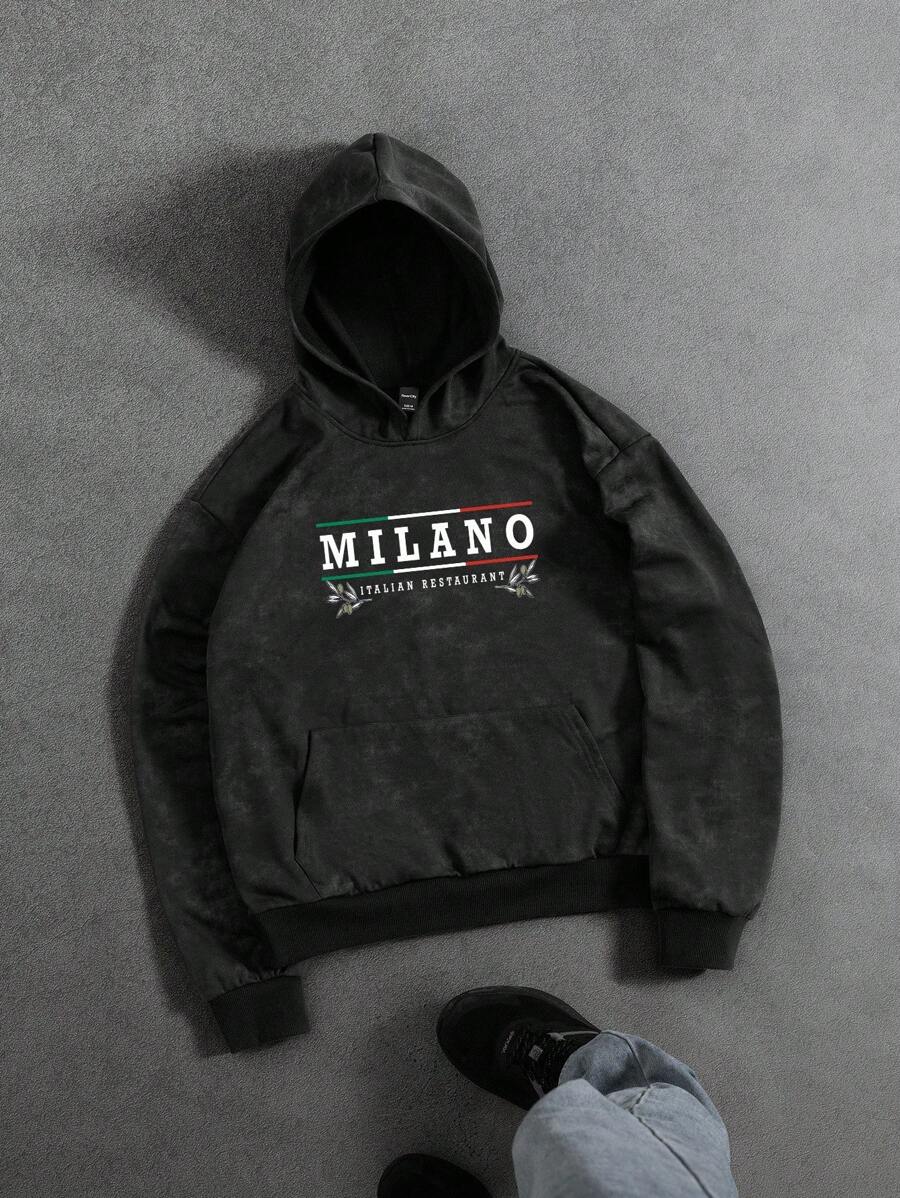 Manfinity EMRG Sudadera con capucha con efecto lavado ácido y gráfico de letras para hombres, sudadera con capucha negra con gráfico, Milano Italia - Negro - Ver 1