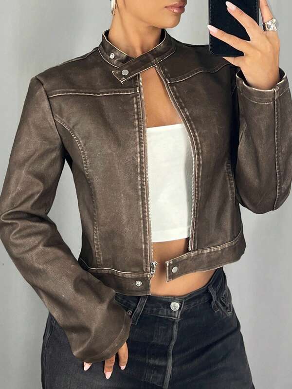 SHEIN ICON Women's Zip Front Stand Collar Fashion PU Leather Long Sleeve Jacket Fall Women Clothes
