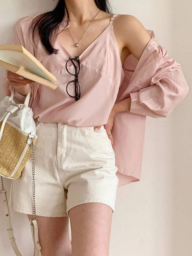 2pcs Women Set: Solid Color Drop Shoulder Long Sleeve Button-Up Shirt And Camisole