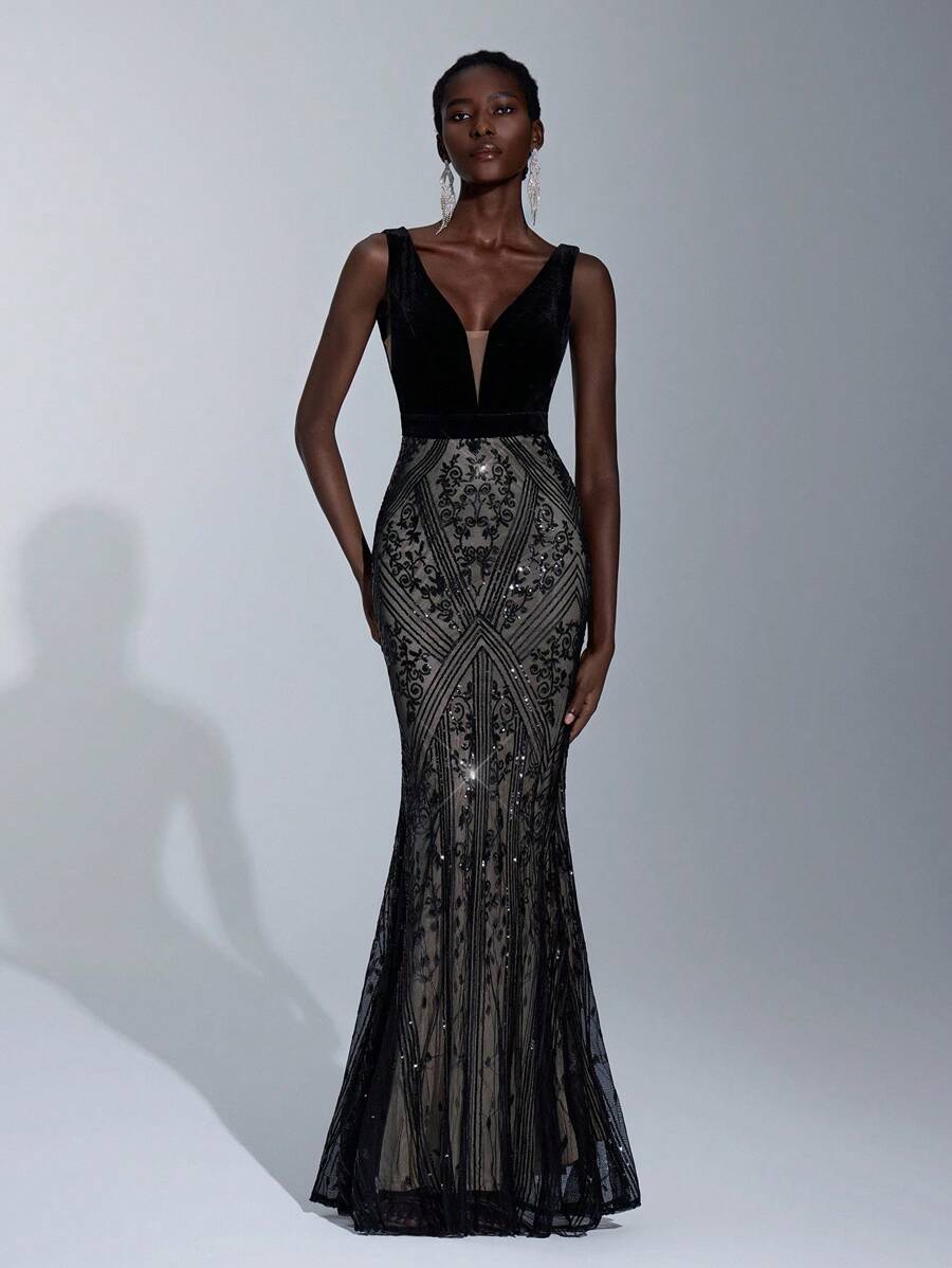Elitara Elegant Black Sleeveless Deep V Velvet Patchwork Fine Flash Positioning Sequins Slim-Fit Fishtail Maxi Dresses Formal Evening Prom Wedding Guest Gown, For Graduation, Dinner Party Dress