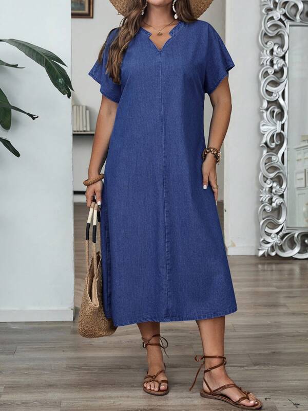 EMERY ROSE Vestido vaquero casual de verano de manga corta y cuello en V para mujer de talla grande, corte recto y holgado