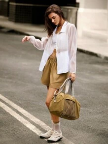 Hanevo 女式轻薄拼接立领户外休闲夹克，带口袋和拉链 - 白色 - 查看 6