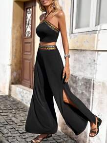 Brillora con cinta en contraste Top halter & de muslo con abertura Pantalones - Negro - Ver 5