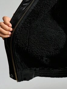 Maija Kids Maija Kids Jaket Kulit PU Berkerah Warna Polos untuk Remaja Perempuan, Cocok untuk Musim Gugur/Dingin - Hitam - View 8