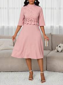 SHEIN Lady 女士纯色镂空领优雅中长连衣裙