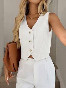 Easowa 女士无袖纯色休闲衬衫，极简风格适合日常穿着，优雅通勤，无袖对称门襟上衣，纹理面料，适合日常穿着，春夏季白色背心女士白色上衣女士白色优雅上衣女士上衣优雅女士白色背心 - 白色 - 查看 2